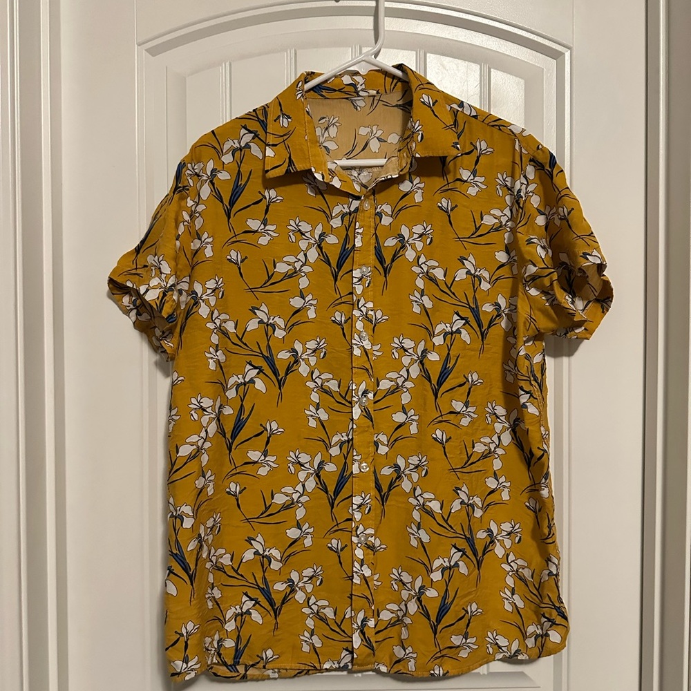 Men's Yellow Floral Button Down Shirt Size L